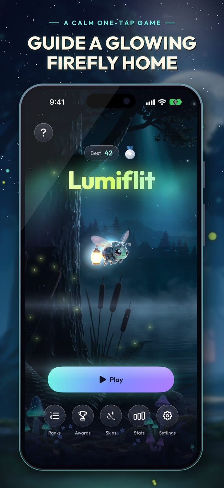 Lumiflit home screen with a glowing firefly in a misty forest