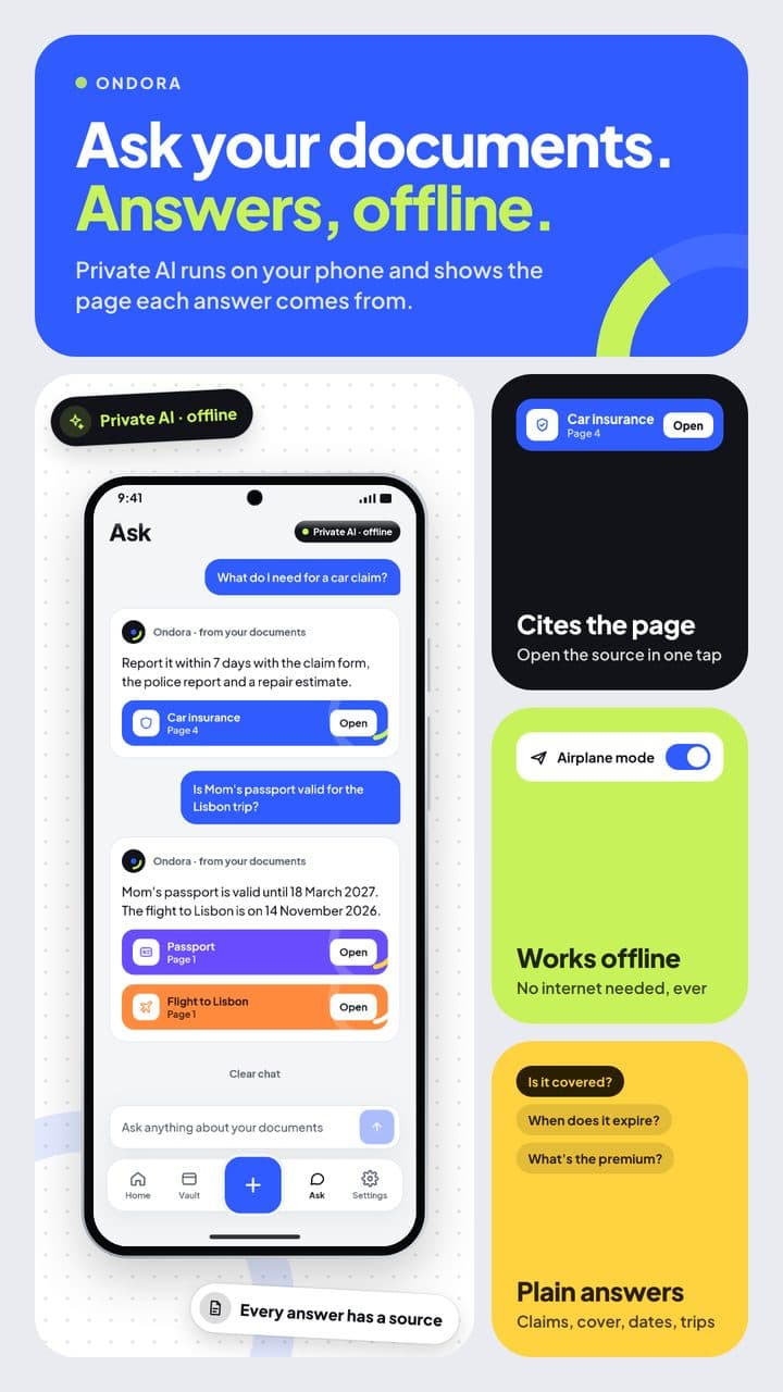 Ondora answering questions about a car claim and a passport, offline