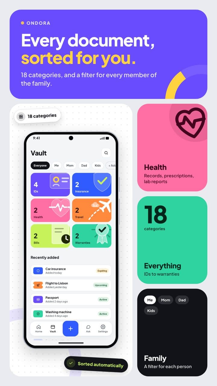 Ondora vault sorted into IDs, insurance, health, travel, bills and warranties