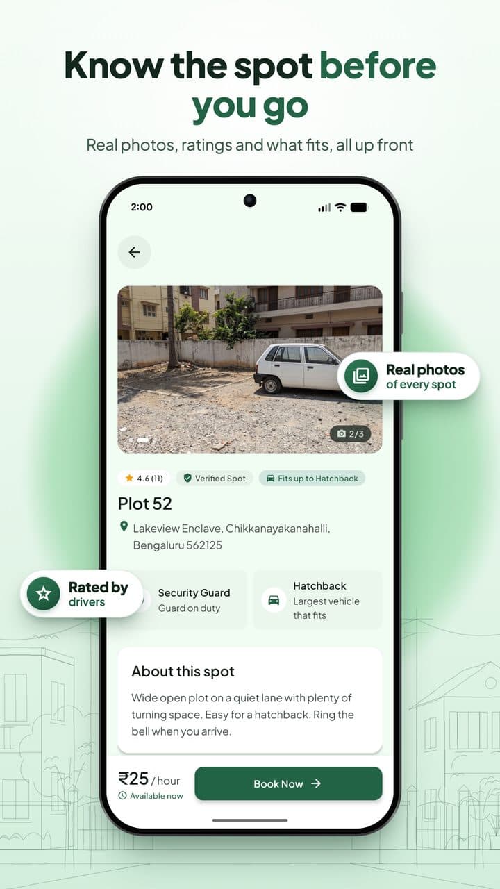 ParkSaathi parking spot details with photos and ratings